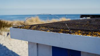 A colour photo of a corner of the roof of a beach kiosk. There's barbed wire, presumably to prevent kinds from climbing onto the roof. In the background, sand dunes and the sea.