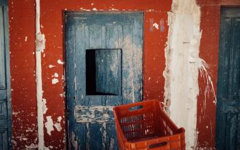 Red wall, blue doors, white paint